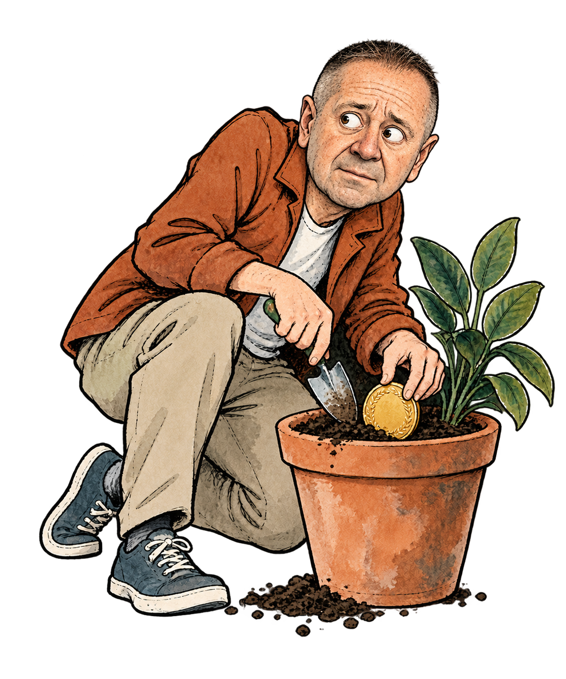 Ilustrácia muža, ktorý zakopáva talent do kvetináča